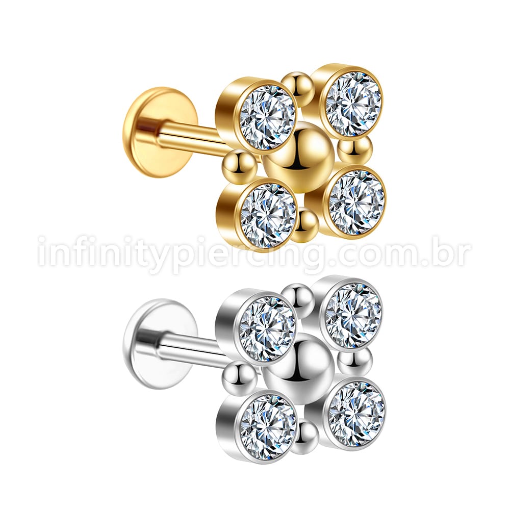 Piercing Labret Aço Cirúrgico 4 Pedras Zircônia Cravada